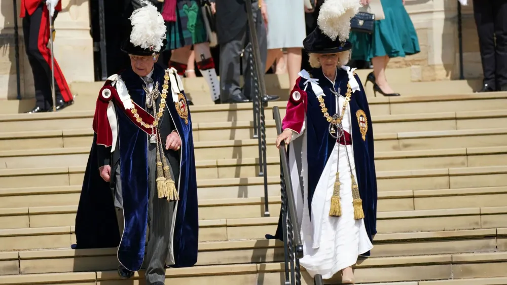 King Charles III and Queen Camilla depart the annual Order of the Garter Service at St George's Chapel, Windsor Castle, Berkshire, Britain, June 19, 2023.Yui Mok/Pool via REUTERS
