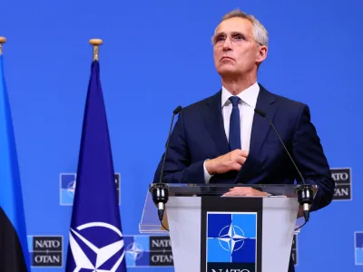 FILE PHOTO: NATO Secretary General Jens Stoltenberg and Estonian Prime Minister Kaja Kallas (not pictured) hold a press conference at the NATO Headquarters in Brussels, Belgium June 28, 2023. REUTERS/Yves Herman/File Photo