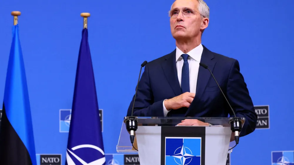 FILE PHOTO: NATO Secretary General Jens Stoltenberg and Estonian Prime Minister Kaja Kallas (not pictured) hold a press conference at the NATO Headquarters in Brussels, Belgium June 28, 2023. REUTERS/Yves Herman/File Photo