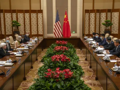 Treasury Secretary Janet Yellen, left, speaks as Chinese Vice Premier He Lifeng, right, listens during a meeting at the Diaoyutai State Guesthouse in Beijing, China, Saturday, July 8, 2023. (AP Photo/Mark Schiefelbein, Pool)