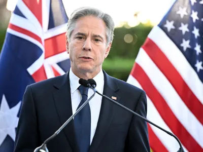 US Secretary of State Antony Blinken is seen during a press conference after the AUSMIN talks at Government House in Brisbane, Saturday, July 29, 2023. Australian Defence Minister Richard Marles and Foreign Minister Penny Wong are meeting with US Secretary of State Antony Blinken and US Defence Secretary Lloyd Austin for the annual AUSMIN talks. (AAP Image/Darren England) NO ARCHIVING