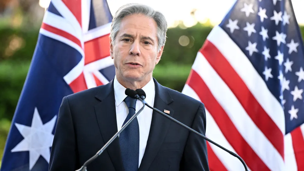 US Secretary of State Antony Blinken is seen during a press conference after the AUSMIN talks at Government House in Brisbane, Saturday, July 29, 2023. Australian Defence Minister Richard Marles and Foreign Minister Penny Wong are meeting with US Secretary of State Antony Blinken and US Defence Secretary Lloyd Austin for the annual AUSMIN talks. (AAP Image/Darren England) NO ARCHIVING