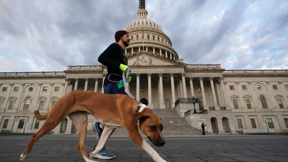 A man jogs with his dog past the U.S. Capitol on a day where Republican members of the House will continue to work towards electing a new Speaker of the House in Washington, U.S., October 10, 2023. REUTERS/Kevin Lamarque