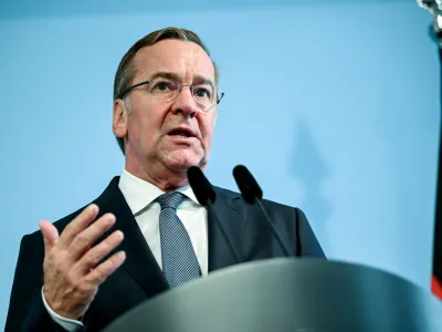 FILED - 28 September 2023, Berlin: Boris Pistorius, Germany's Defence Minister, speaks during a press conference with Israel's Defence Minister Yoav Gallant (Not Pictured) following the signing of an agreement for the sale of Israel's Arrow 3 missile defence system to Germany. Photo: Britta Pedersen/dpa