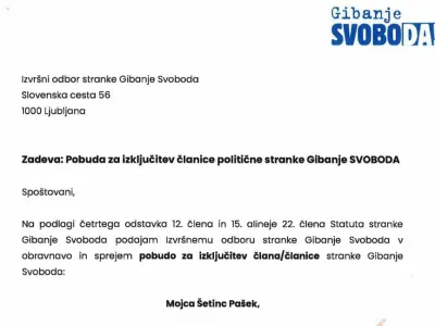 Pobuda za izključitev Mojce Pa&scaron;ek &Scaron;etinc iz Gibanja Svoboda.