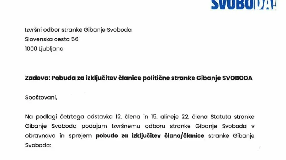 Pobuda za izključitev Mojce Pa&scaron;ek &Scaron;etinc iz Gibanja Svoboda.