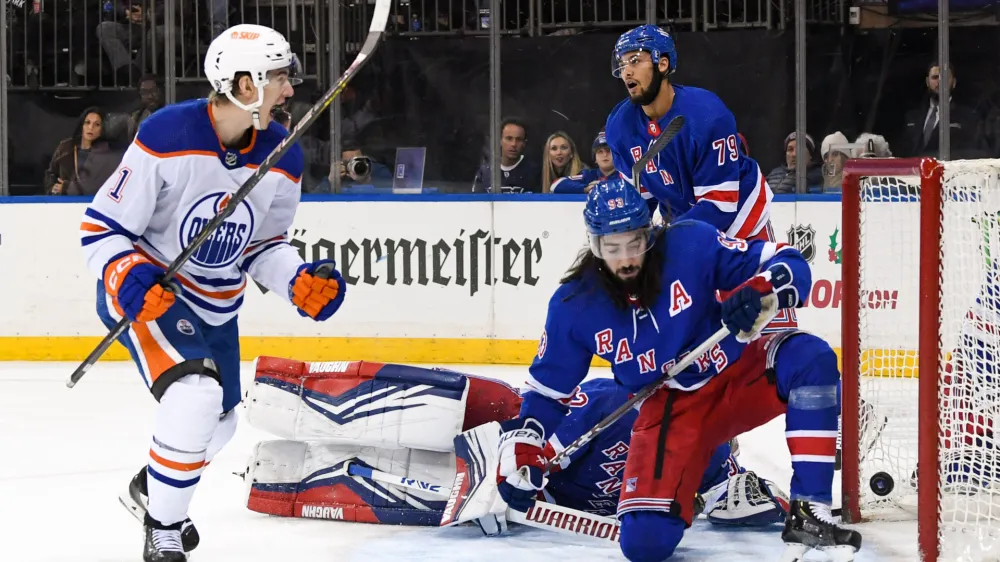 Dec 22, 2023; New York, New York, USA; Edmonton Oilers center Ryan McLeod (71) celebrates his goal against the New York Rangers during the third period at Madison Square Garden. Mandatory Credit: Dennis Schneidler-USA TODAY Sports