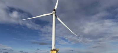 A Block Island Wind Farm turbine operates, Thursday, Dec. 7, 2023, off the coast of Block Island, R.I., during a tour organized by Orsted. (AP Photo/Julia Nikhinson)