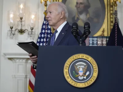 President Joe Biden steps away from the podium after speaking in the Diplomatic Reception Room of the White House, Thursday, Feb. 8, 2024, in Washington. (AP Photo/Evan Vucci)