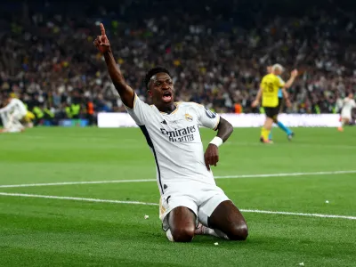 Soccer Football - Champions League - Final - Borussia Dortmund v Real Madrid - Wembley Stadium, London, Britain - June 1, 2024 Real Madrid's Vinicius Junior celebrates scoring their second goal REUTERS/Carl Recine   TPX IMAGES OF THE DAY