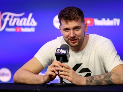 Jun 5, 2024; Boston, MA, USA; Dallas Mavericks guard Luka Doncic (77) during the NBA Finals Media Day at TD Garden. Mandatory Credit: Peter Casey-USA TODAY Sports