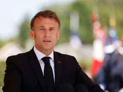 French President Emmanuel Macron speaks during a ceremony marking the 80th anniversary of the massacre of 643 persons by Nazi German forces, in Oradour-sur-Glane, France, June 10, 2024. LUDOVIC MARIN/Pool via REUTERS