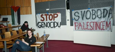 - 09.05.2024 - Študentska zasedba Fakultete za družbene vede v Ljubljani v podporo Palestini.FOTO: Nik Erik Neubauer