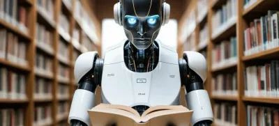 Simbolična fotografija robota, ki bere knjigo.