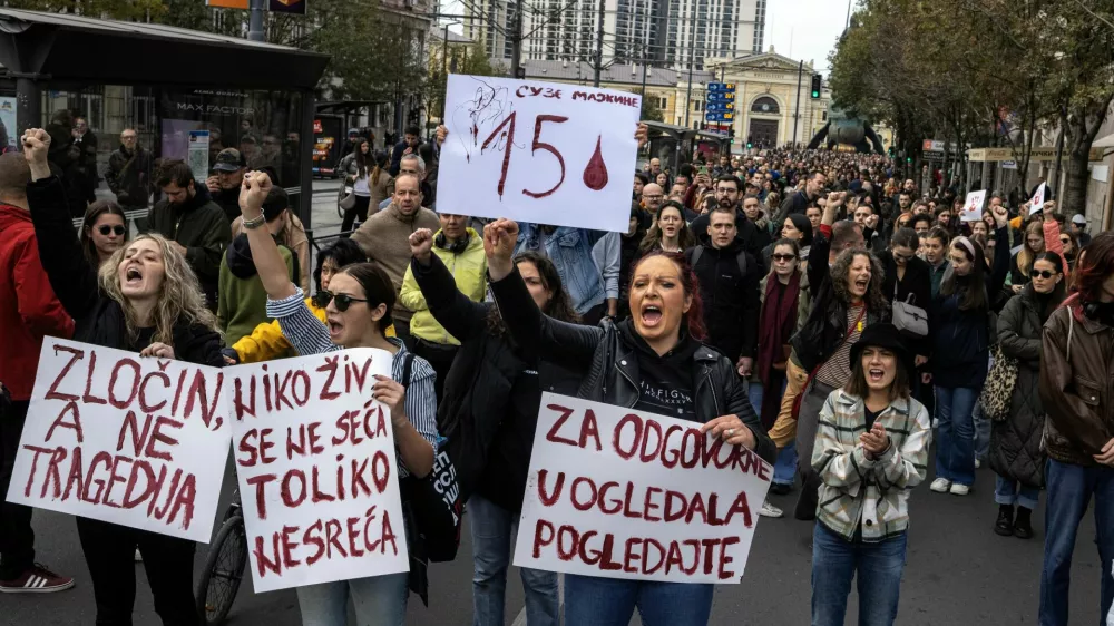 Demonstrators protest to commemorate an accident at a railway station in the Serbian city of Novi Sad, for which they blame negligence and corruption by the authorities, in front of the government in Belgrade, Serbia November 3, 2024. REUTERS/Marko Djurica