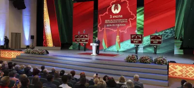 In this photo released by Belarusian Presidential Press Service, Belarusian President Alexander Lukashenko speaks at an assembly in Minsk, Belarus, Tuesday, July 1, 2025, ahead of Belarus Independence Day. (Belarusian Presidential Press Service via AP)