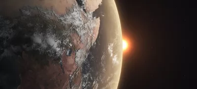 Realistic Earth with sunrise from spaceThe Earth maps used in the image are from following websitehttps://www.solarsystemscope.com/textures/