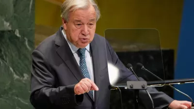 Secretary General Antonio Guterres addresses the 80th session of the United Nations General Assembly, Tuesday, Sept. 23, 2025, at UN headquarters. (AP Photo/Angelina Katsanis)