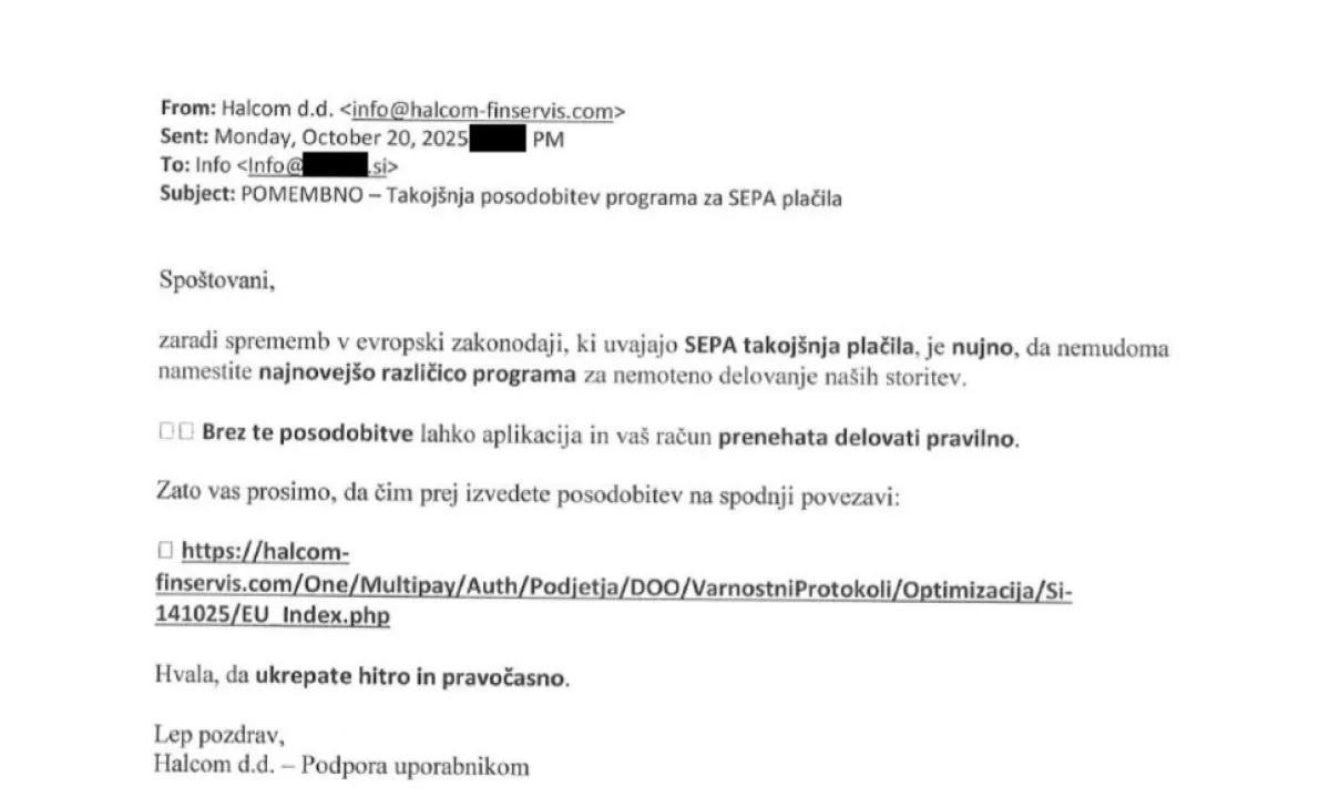 V imenu podjetja Halcom pošiljali lažna sporočila, podjetja ostala brez več kot milijona evrov