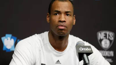 FILE - Brooklyn Nets Jason Collins speaks during a news conference before the NBA basketball game against the Chicago Bulls at the Barclays Center, Monday, March 3, 2014 in New York. (AP Photo/Seth Wenig, File)