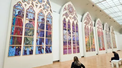 FRANCE, PARIS - DECEMBER 10, 2025: The designs for six new stained-glass windows for the cathedral of Notre Dame on display at the Grand Palais,Image: 1058146582, License: Rights-managed, Restrictions: * Switzerland And Russia Rights Out *, Model Release: no