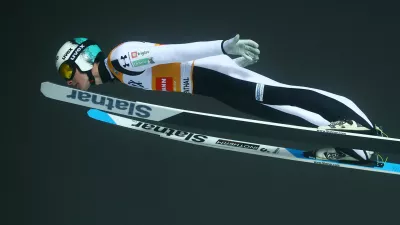 Ski Jumping - FIS Ski Jumping World Cup - Klingenthal, Germany - December 14, 2025 Slovenia's Domen Prevc in action during the first round REUTERS/Lisi Niesner