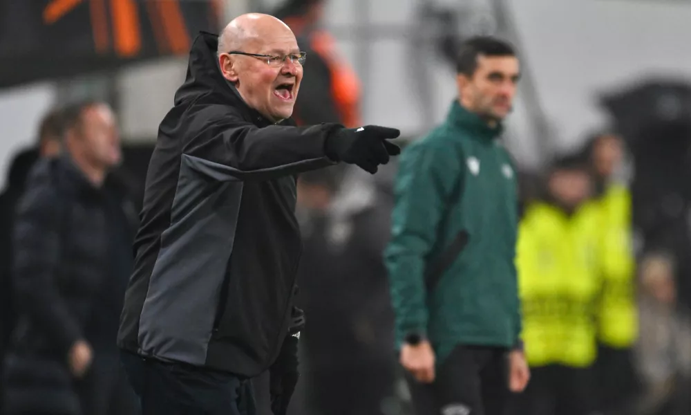 FILE - Plzen's head coach Miroslav Koubek gestures during a Europa League playoff first leg soccer match between Ferencvaros and Viktoria Plzen at the Groupama Arena stadium, in Budapest, Hungary, Thursday, Feb. 13, 2025. (AP Photo/Denes Erdos, File)