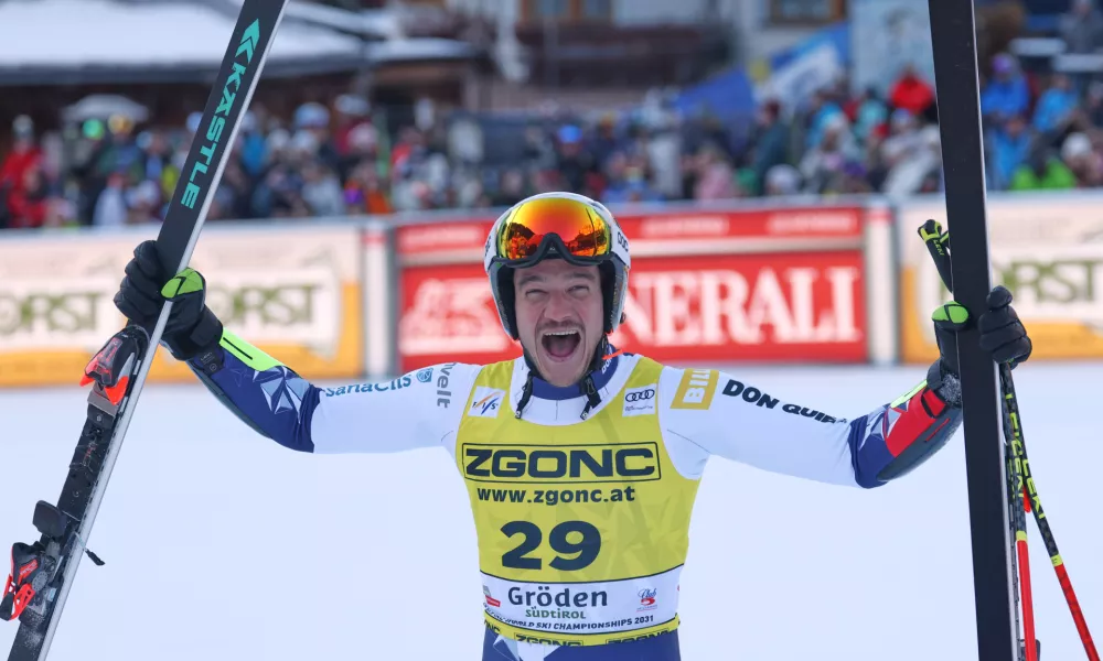 Czech Republic's Jan Zabystran reacts after completing an alpine ski, men's World Cup super-G, in Val Gardena, France, Friday, Dec.19, 2025 (AP Photo/Alessandro Trovati)