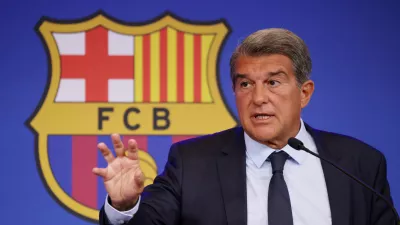Soccer Football - FC Barcelona Press Conference - 1899 Auditorium, Barcelona, Spain - August 16, 2021 FC Barcelona president Joan Laporta during the press conference REUTERS/Nacho Doce