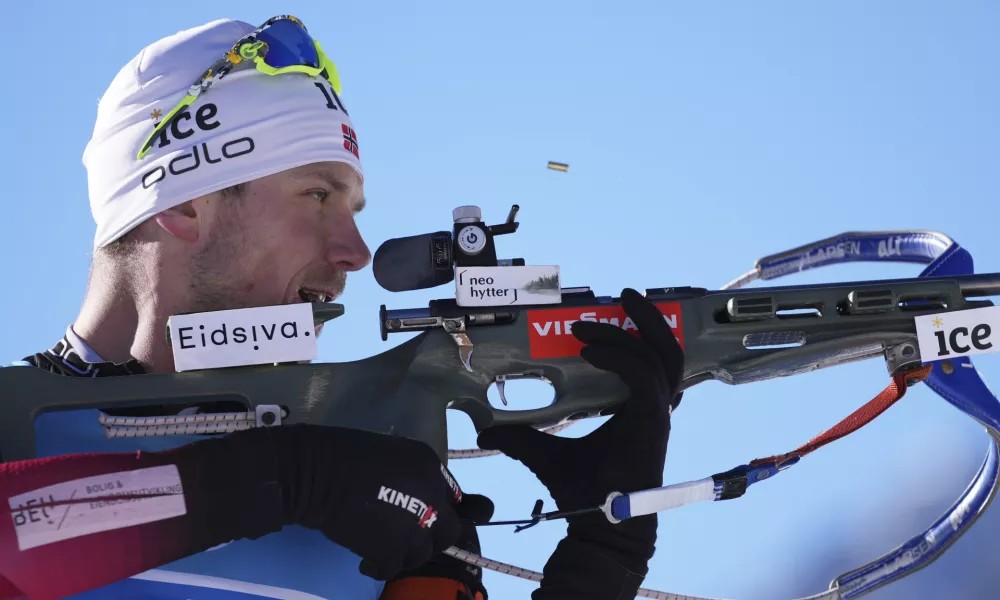 Vetle Sjaastad Christiansen of Norway competes during the men's 4 x 7.5km relay race at the biathlon World Cup in Anterselva, Italy, Sunday, Jan. 23, 2022. (AP Photo/Matthias Schrader)