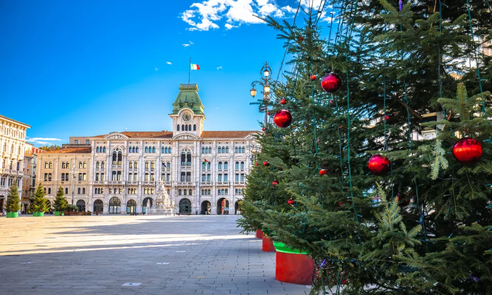 Piazza Unita d Italia square in city of Trieste christmas advent view, Friuli Venezia Giulia region of Italy