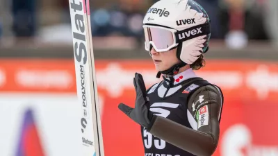 Nika Prevc of Slovenia during the women's FIS Ski Jumping World Cup competition at the Gross-Titlis Schanze, Sunday, Dec. 21, 2025 in Engelberg, Switzerland. (Urs Flueeler /Keystone via AP)