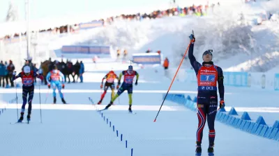 Biathlon - Biathlon World Cup - Oberhof, Germany - January 11, 2026 Norway's Vetle Sjaastad Christiansen crosses the finish line to win the men's 4x7.5km relay REUTERS/Matthew Childs