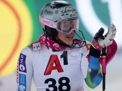 Alpine Skiing - FIS Alpine Ski World Cup - Women's Night Slalom - Flachau, Austria - January 13, 2026 Slovenia's Nika Tomsic reacts during the women's slalom REUTERS/Gintare Karpaviciute