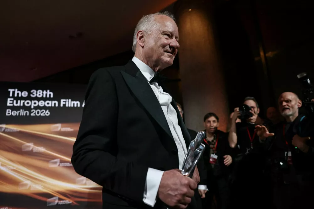 Stellan Skarsgard holds his European Actor award, at the 2026 European Film Awards in Berlin, Germany, January 17, 2026. REUTERS/Nadja Wohlleben