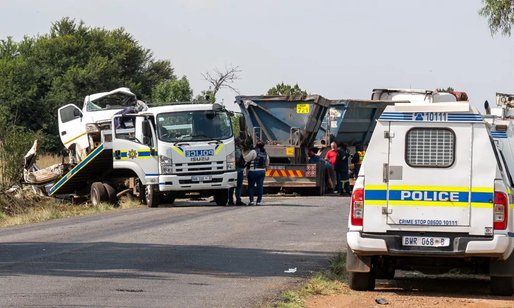 The scene of a fatal crash of 13 schoolchildren who perished ​when their minibus collided with a truck, in Johannesburg, South Africa, January 19, 2026. REUTERS/Shiraaz Mohamed