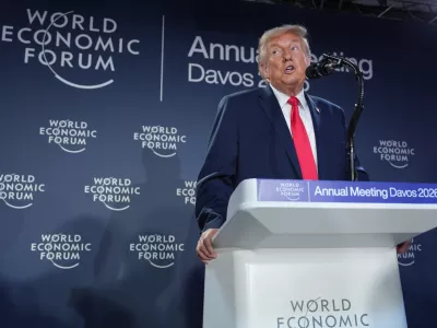 President Donald Trump speaks during a meeting of Global Business Leaders at the Annual Meeting of the World Economic Forum in Davos, Switzerland, Wednesday, Jan. 21, 2026. (AP Photo/Evan Vucci)