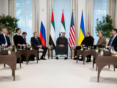 President of the United Arab Emirates Sheikh Mohamed bin Zayed Al Nahyan receives the heads of delegations participating in the UAE hosted trilateral talks between the United States, Russia and Ukraine, Director of the Office of the President of Ukraine Kirill Budanov, United States Special Envoy Steve Witkoff, Secretary of the National Security and Defense Council of Ukraine Rustem Umerov, Chief of the Main Directorate of the General Staff of the Russian Armed Forces Igor Kostyukov, and Jared Kushner at Al Shati Palace in Abu Dhabi, United Arab Emirates, January 23, 2026. Hamad Al Kaabi/UAE Presidential Court/Handout via REUTERS THIS IMAGE HAS BEEN SUPPLIED BY A THIRD PARTY   TPX IMAGES OF THE DAY