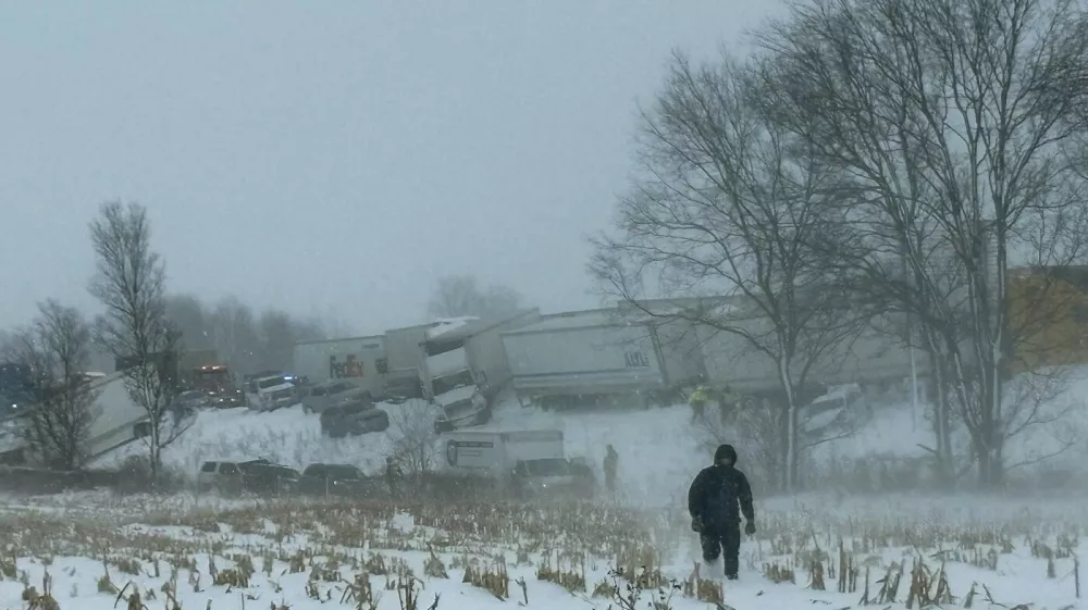 This handout photo taken and posted by Michigan State Senator Roger Victory on his X account, shows truck and cars piled up after a crash along the I-196 highway, near Zeeland in West Michigan on January 19, 2026. Law enforcement officials said Monday they were working to clear roads after a 100-vehicle crash occurred on snow-blanketed roads in the northern state of Michigan.Michigan State Police said numerous injuries were reported in the crash, with none "believed to be fatal," after big rig trucks and vehicles collided on the I-196 corridor, causing many vehicles to run off the road in "multiple slide offs.",Image: 1067497313, License: Rights-managed, Restrictions: RESTRICTED TO EDITORIAL USE &ndash; MANDATORY CREDIT &laquo; AFP PHOTO / SEN. ROGER VICTORY &raquo; - NO MARKETING NO ADVERTISING CAMPAIGNS &ndash; DISTRIBUTED AS A SERVICE TO CLIENTS [ NO ARCHIVE ], ***HANDOUT image or SOCIAL MEDIA IMAGE or FILMSTILL for EDITORIAL USE ONLY! * Please note: Fees charged by Profimedia are for the Profimedia's services only, and do not, nor are they intended to, convey to the user any ownership of Copyright or License in the material. Profimedia does not claim any ownership including but not limited to Copyright or License in the attached material. By publishing this material you (the user) expressly agree to indemnify and to hold Profimedia and its directors, shareholders and employees harmless from any loss, claims, damages, demands, expenses (including legal fees), or any causes of action or allegation against Profimedia arising out of or connected in any way with publication of the material. Profimedia does not claim any copyright or license in the attached materials. Any downloading fees charged by Profimedia are for Profimedia's services only. * Handling Fee Only ***, Model Release: no