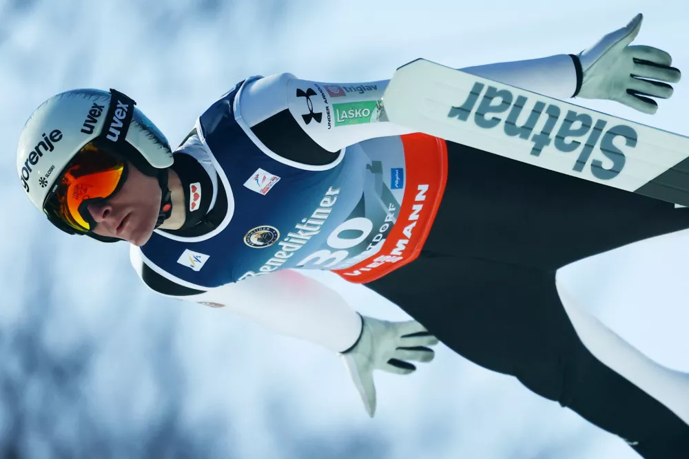 Ski Jumping - Ski Flying World Championships - Heini-Klopfer Ski Flying Hill, Oberstdorf, Germany - January 24, 2026 Slovenia's Domen Prevc in action during the men's individual HS235 third round REUTERS/Kai Pfaffenbach