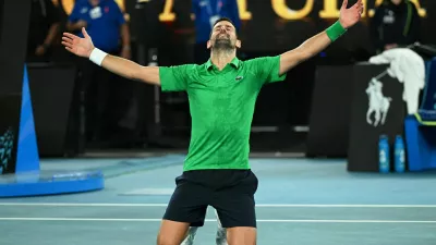 Tennis - Australian Open - Melbourne Park, Melbourne, Australia - January 31, 2026 Serbia's Novak Djokovic celebrates winning his semi final match against Italy's Jannik Sinner REUTERS/Jaimi Joy   TPX IMAGES OF THE DAY