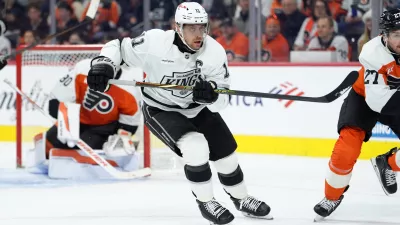 Jan 31, 2026; Philadelphia, Pennsylvania, USA; Los Angeles Kings center Anze Kopitar (11) in action against the Philadelphia Flyers in the first period at Xfinity Mobile Arena. Mandatory Credit: Kyle Ross-Imagn Images