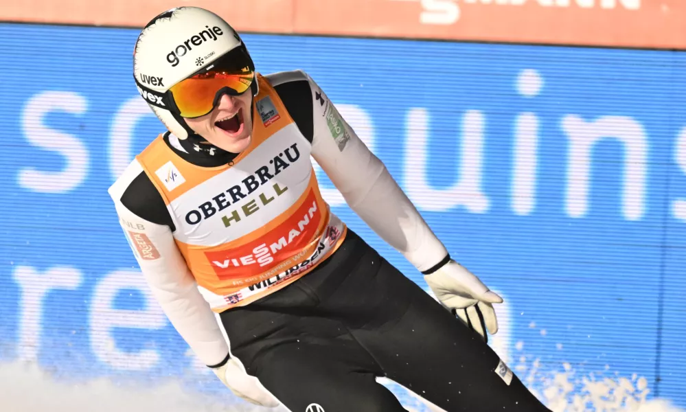 31 January 2026, Hesse, Willingen: Slovenia's Domen Prevc cheers after the the men's Large Hill competition of the FIS Ski Jumping World Cup FIS Ski Jumping World Cup in Willingen. Photo: Swen Pf&ouml;rtner/dpa