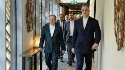 Iranian Foreign Minister Abbas Araqchi and his accompanying delegation depart for the site of the talks in Muscat, Oman, February 6, 2026. Iranian Foreign Ministry/WANA (West Asia News Agency)/ Handout via REUTERS ATTENTION EDITORS - THIS PICTURE WAS PROVIDED BY A THIRD PARTY.