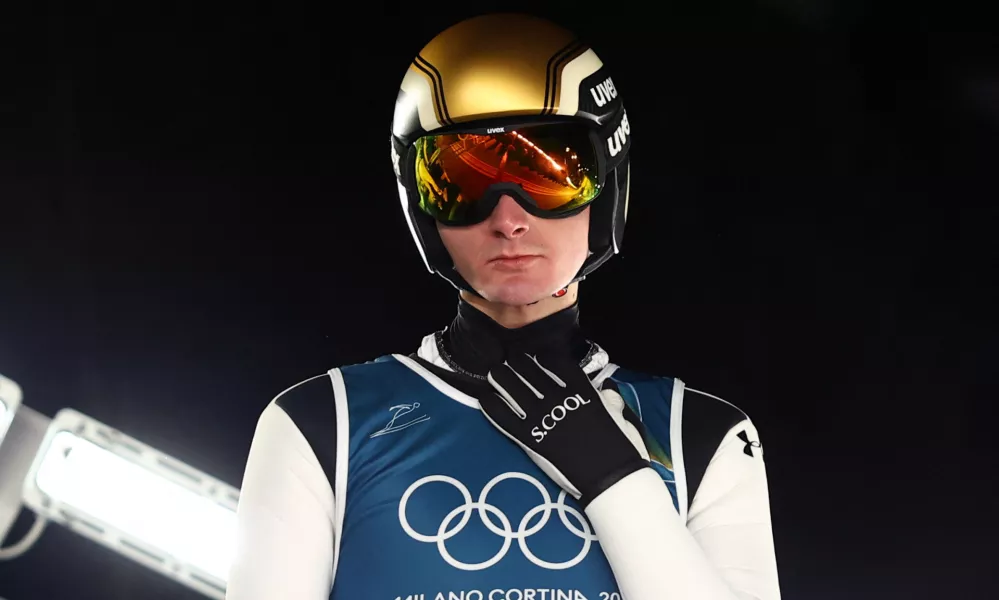 Milano Cortina 2026 Olympics - Ski Jumping - Men's Normal Hill - Official Training - Predazzo Ski Jumping Stadium, Predazzo, Italy - February 08, 2026. Domen Prevc of Slovenia during training REUTERS/Kai Pfaffenbach