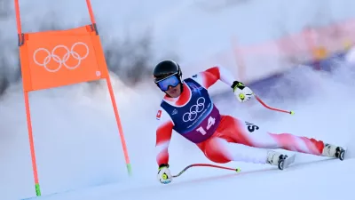 Milano Cortina 2026 Olympics - Alpine Skiing - Men's Team Combined Downhill - Stelvio Ski Centre, Bormio, Italy - February 09, 2026. Franjo von Allmen of Switzerland in action during the Men's Team Combined Downhill REUTERS/Angelika Warmuth