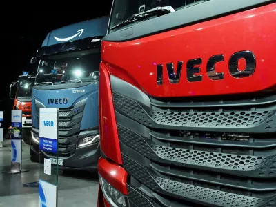 FILE PHOTO: Details of the front of an Iveco truck exhibited during a news conference in Turin, Italy, July 13, 2022. REUTERS/Massimo Pinca/File Photo