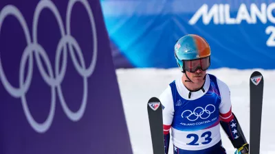 United States' River Radamus at the finish area, during a men's super-G race, at the 2026 Winter Olympics, in Bormio, Italy, Wednesday, Feb.11, 2026. (AP Photo/Julia Demaree Nikhinson)
