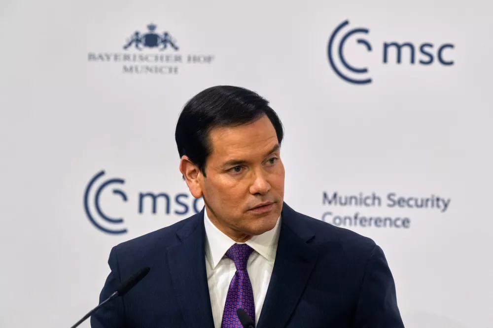 United States Secretary of State Marco Rubio speaks during the Munich Security Conference in Munich, Germany, Saturday, Feb. 14, 2026. (AP Photo/Michael Probst)