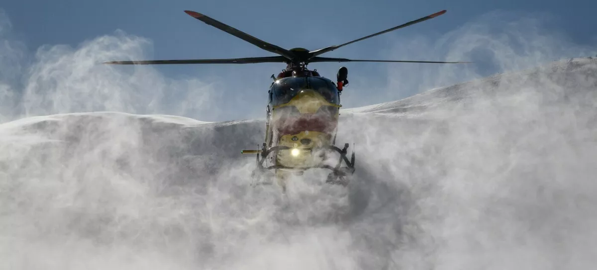 A Securite Civile helicopter (emergency management) lands at the Alpe d'Huez altiport rescue station, French Alps, after dropping off members of the CRS Alpes Grenoble mountain rescue team for an avalanche emergency response rescue mission on January 29, 2026.,Image: 1070577629, License: Rights-managed, Restrictions:, Model Release: no